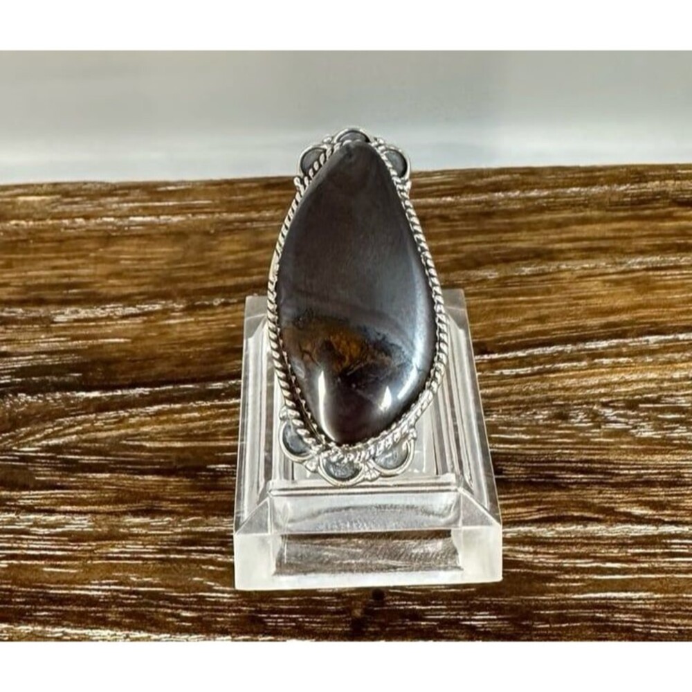Native Southwest Style Sterling Silver Boulder Opal Rope Edge Ring 6.75